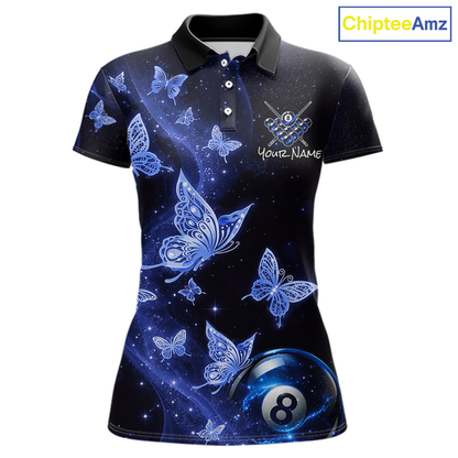Custom Blue Butterfly Galaxy 8 Ball Billiard Shirt for Women Billiard Team Jersey Billiard League NNT192