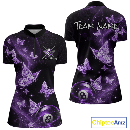 Custom Purple Butterfly Galaxy 8 Ball Billiard Shirt for Women Billiard Team Jersey Billiard League NNT192