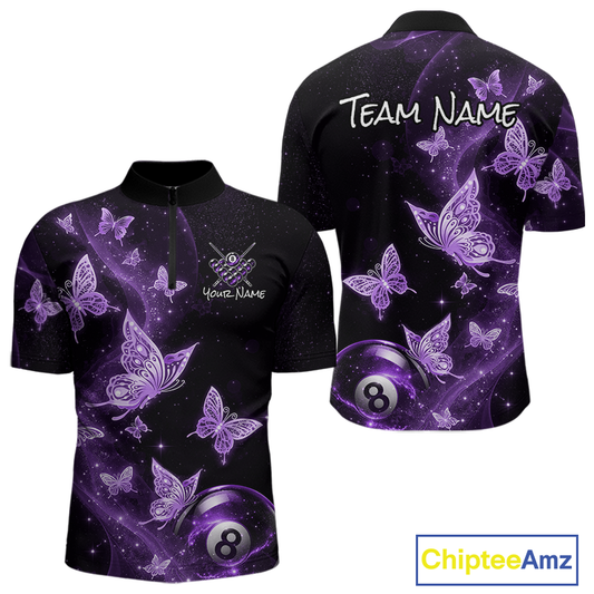 Custom Purlple Butterfly Galaxy 8 Ball Billiard Shirt for Men Billiard Team Jersey Billiard League NNT192