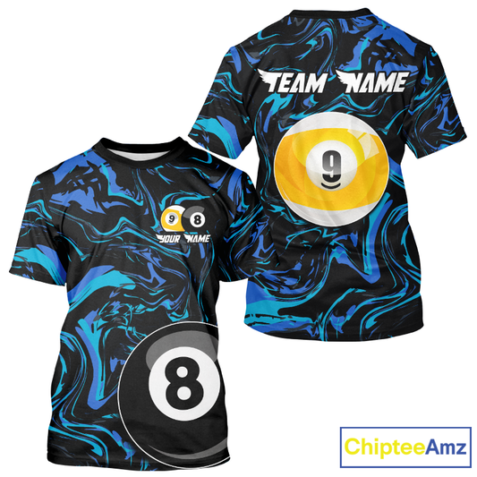Two t-shirts with pool ball designs and 'Team Name' text on a white background.