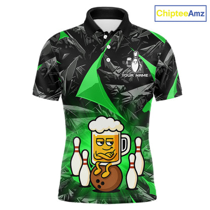 Custom Green Funny Beer Bowling Jersey for Men Bowling Team Shirts Polo & 1/4 Zip HNT503