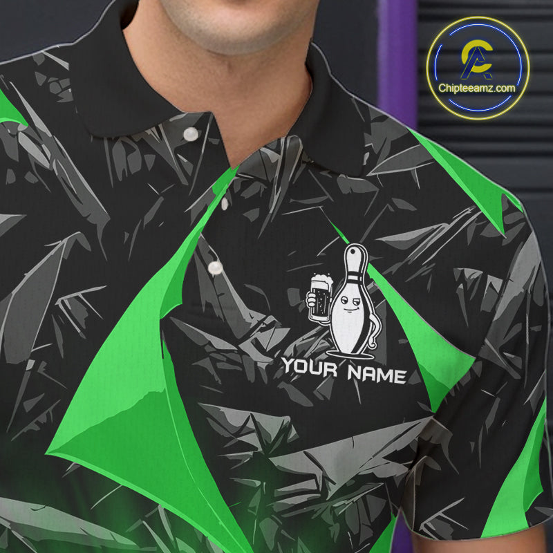 Custom Green Funny Beer Bowling Jersey for Men Bowling Team Shirts Polo & 1/4 Zip HNT503