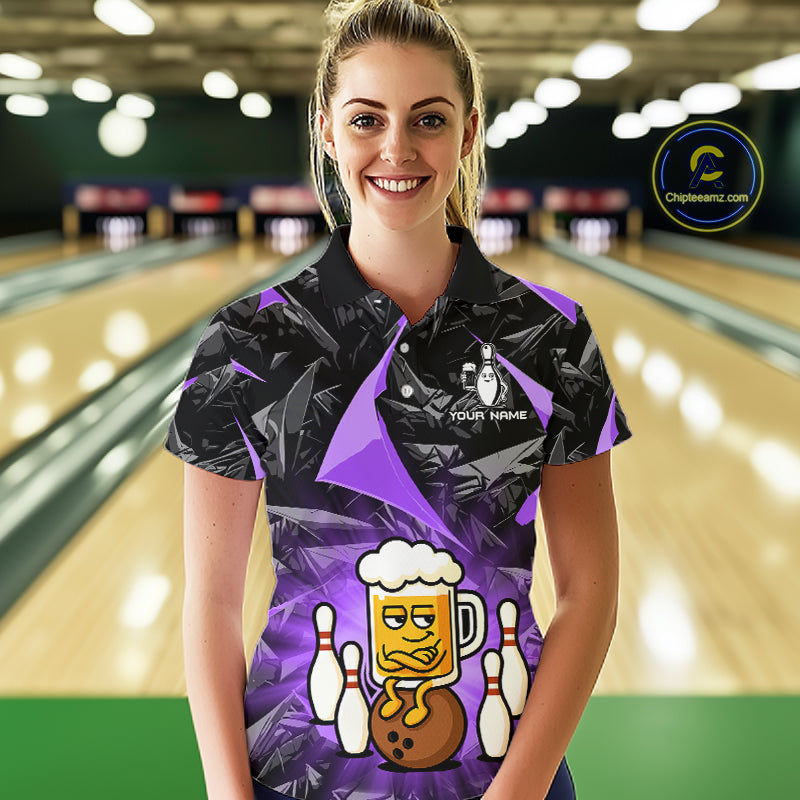 Custom Purple Funny Beer Bowling Jersey for Women Bowling Team Shirts Polo & 1/4 Zip HNT503