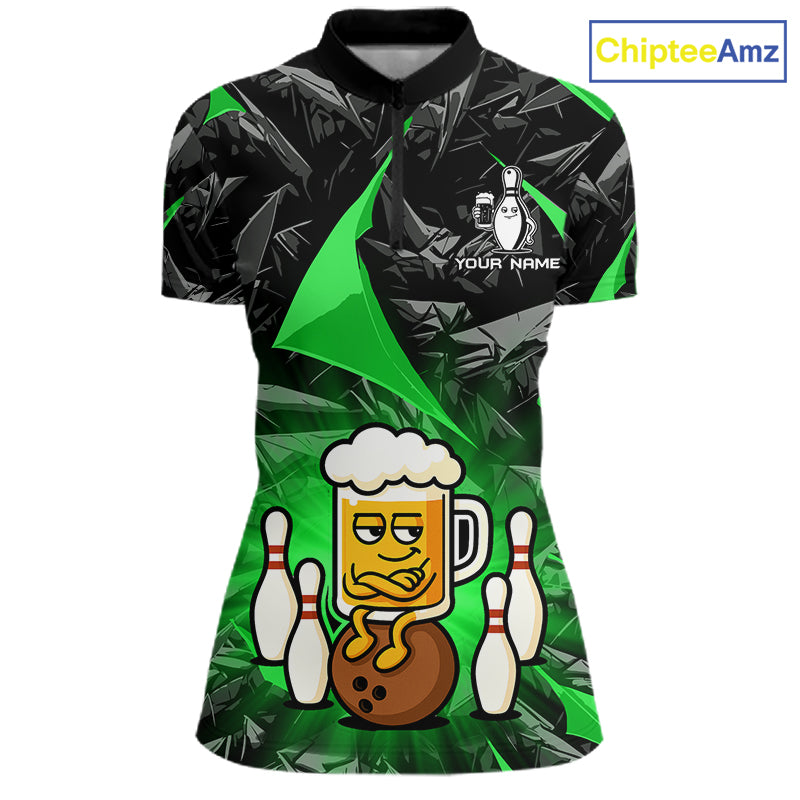 Custom Green Funny Beer Bowling Jersey for Women Bowling Team Shirts Polo & 1/4 Zip HNT503