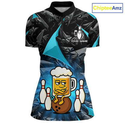 Custom Turquoise Funny Beer Bowling Jersey for Women Bowling Team Shirts Polo & 1/4 Zip HNT503
