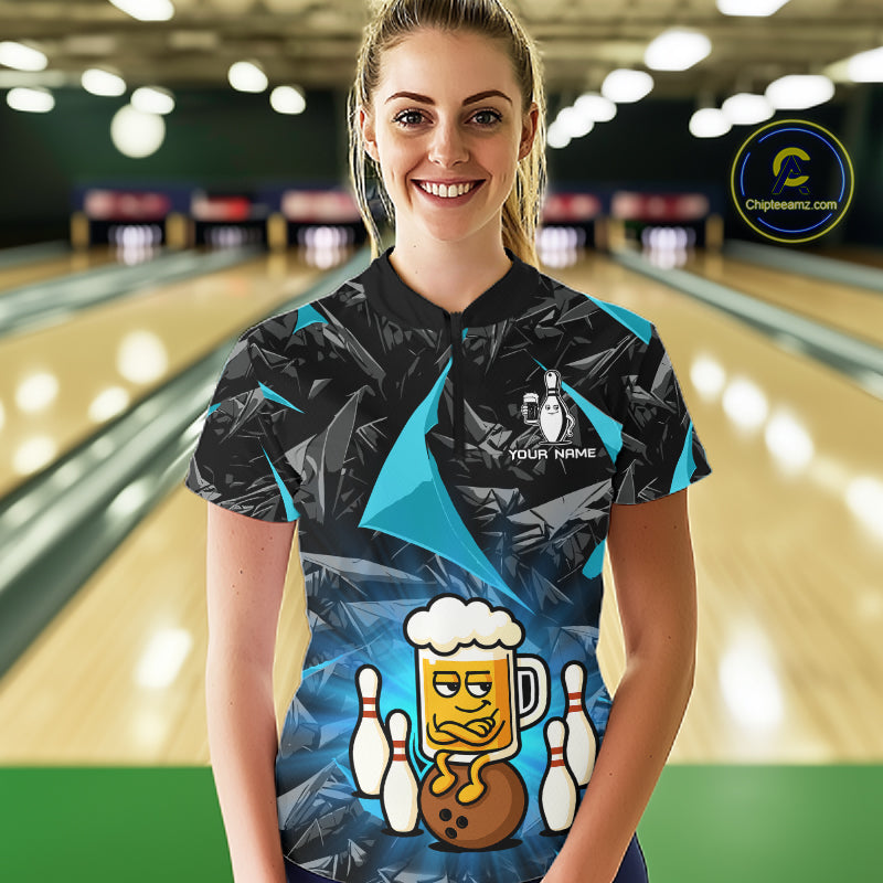 Custom Turquoise Funny Beer Bowling Jersey for Women Bowling Team Shirts Polo & 1/4 Zip HNT503