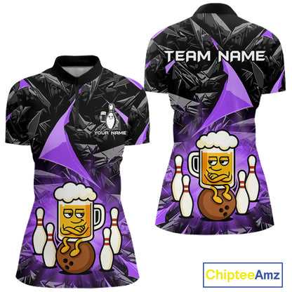 Custom Purple Funny Beer Bowling Jersey for Women Bowling Team Shirts Polo & 1/4 Zip HNT503