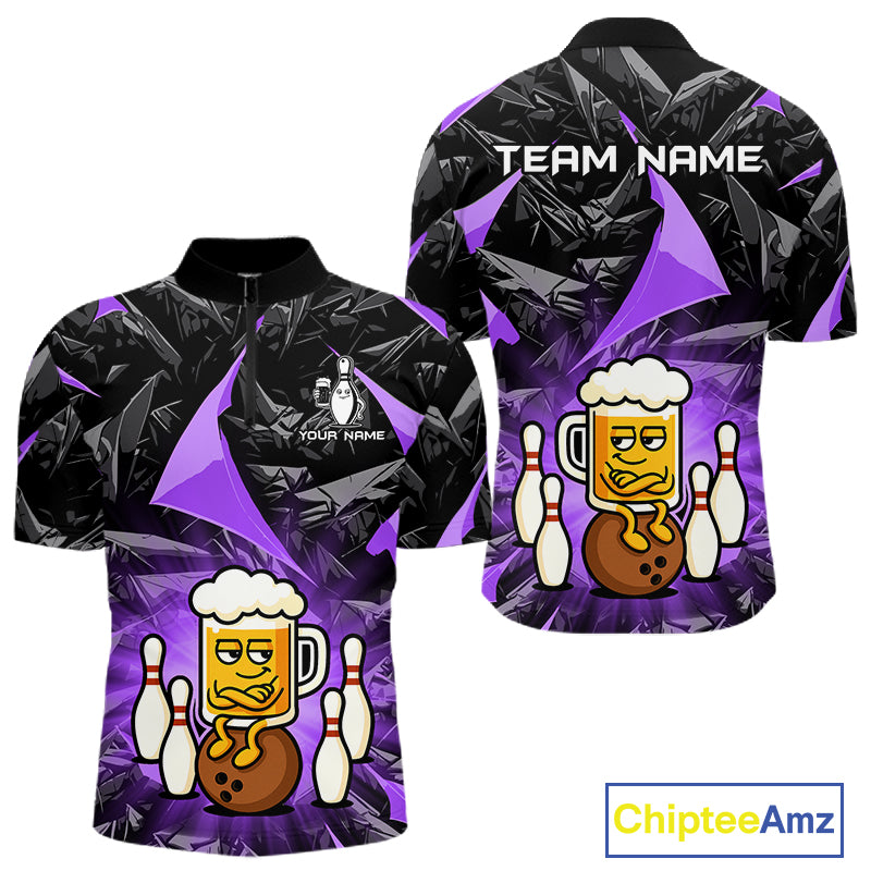 Custom Purple Funny Beer Bowling Jersey for Men Bowling Team Shirts Polo & 1/4 Zip HNT503