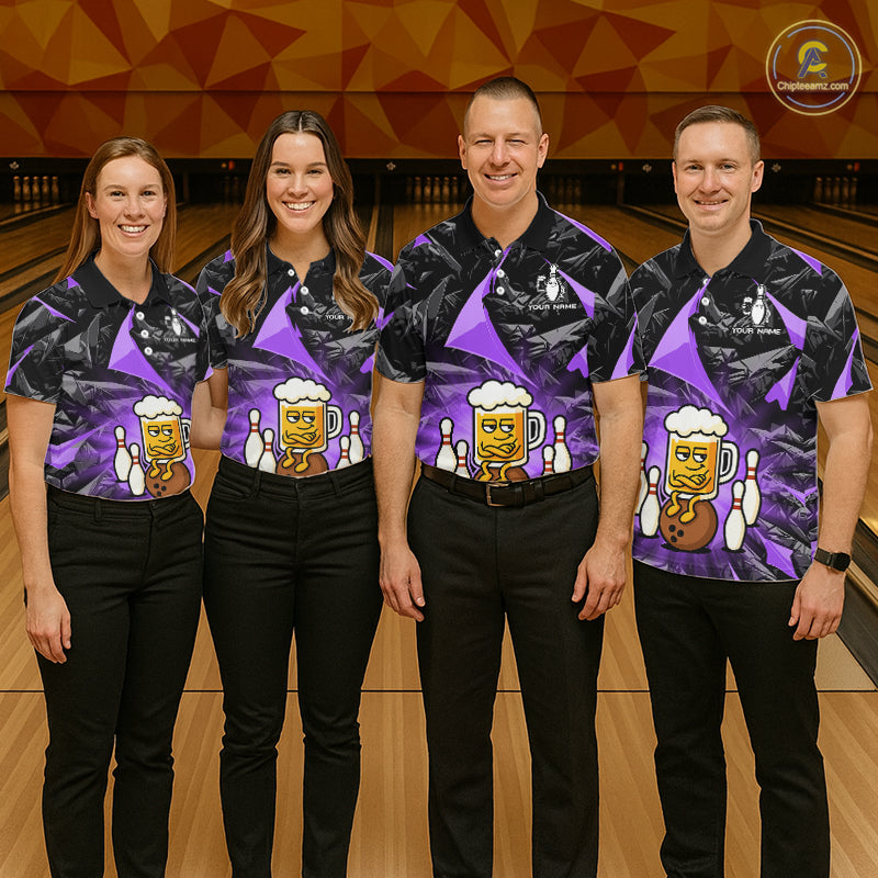 Custom Purple Funny Beer Bowling Jersey for Women Bowling Team Shirts Polo & 1/4 Zip HNT503