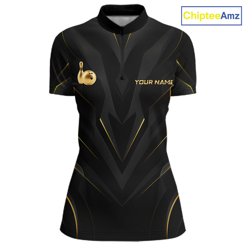 Custom Gold Bowling Jersey for Women Bowling Team Shirts Bowling League Polo & 1/4 Zip HNT504