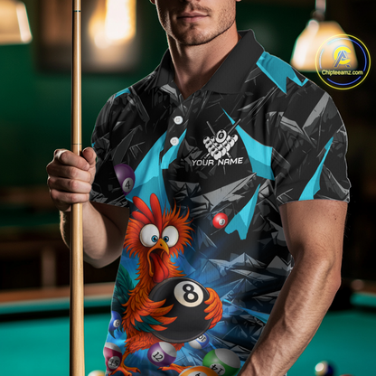 Custom Turquoise Funny Chicken 8 Ball & 9 Ball Billiard Shirt for Men Billiard Team Jerseys NNT190