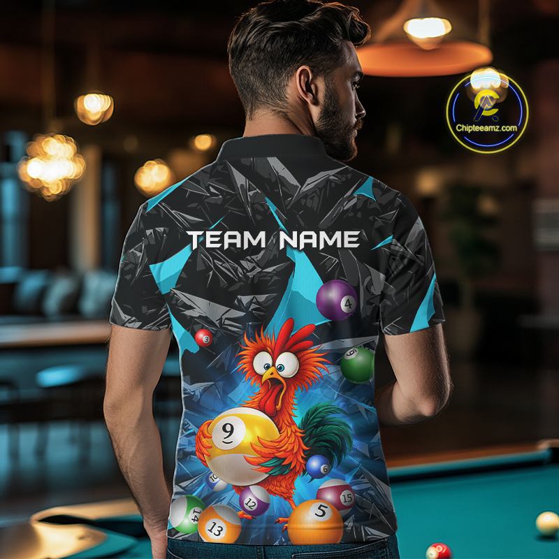 Custom Turquoise Funny Chicken 8 Ball & 9 Ball Billiard Shirt for Men Billiard Team Jerseys NNT190
