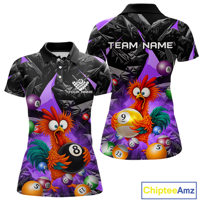 Custom Purple Funny Chicken 8 Ball & 9 Ball Billiard Shirt for Women Billiard Team Jerseys NNT190