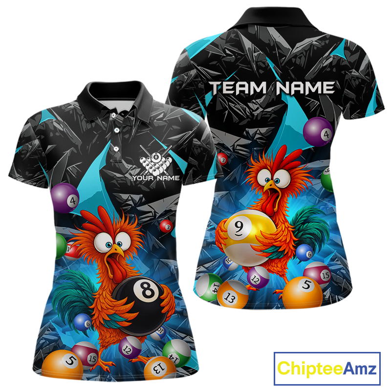 Custom Turquoise Funny Chicken 8 Ball & 9 Ball Billiard Shirt for Women Billiard Team Jerseys NNT190