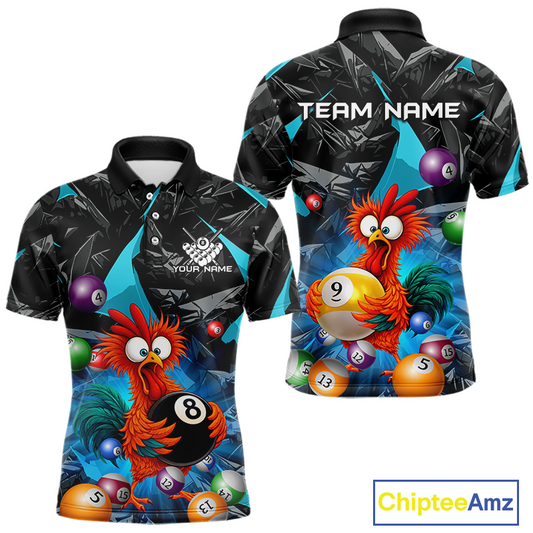 Custom Turquoise Funny Chicken 8 Ball & 9 Ball Billiard Shirt for Men Billiard Team Jerseys NNT190