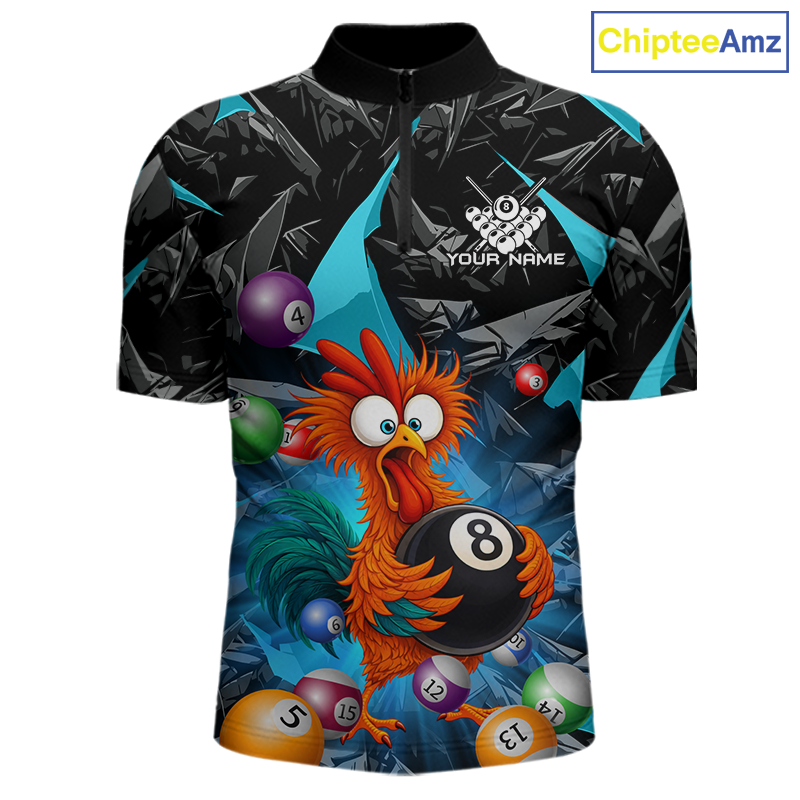 Custom Turquoise Funny Chicken 8 Ball & 9 Ball Billiard Shirt for Men Billiard Team Jerseys NNT190