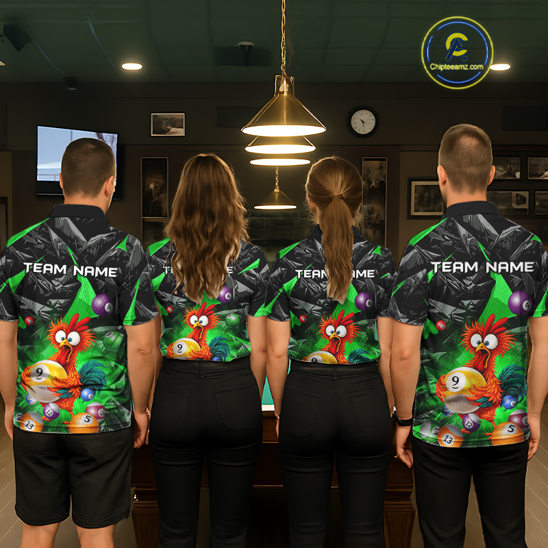 Custom Green Funny Chicken 8 Ball & 9 Ball Billiard Shirt for Women Billiard Team Jerseys NNT190
