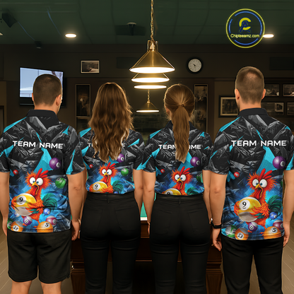Custom Turquoise Funny Chicken 8 Ball & 9 Ball Billiard Shirt for Men Billiard Team Jerseys NNT190