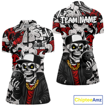 Load image into Gallery viewer, Custom Graffiti Skeleton Bowling Jersey for Women Bowling Team Shirts Bowling League Polo &amp; 1/4 Zip HNT378