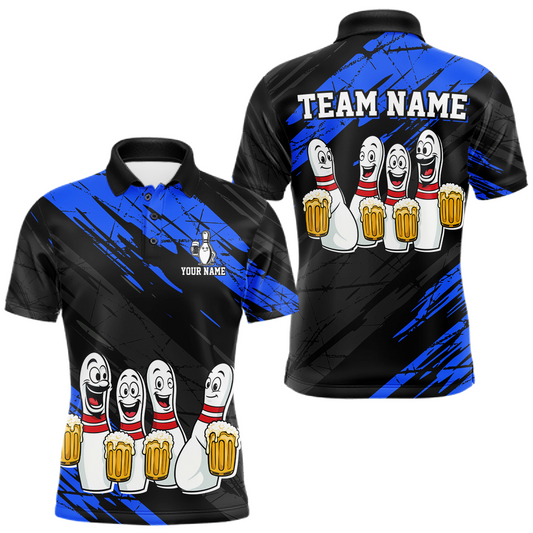Custom Blue Funny Bowling Tournament Jersey for Men Bowling Team Shirts Polo & 1/4 Zip HNT178