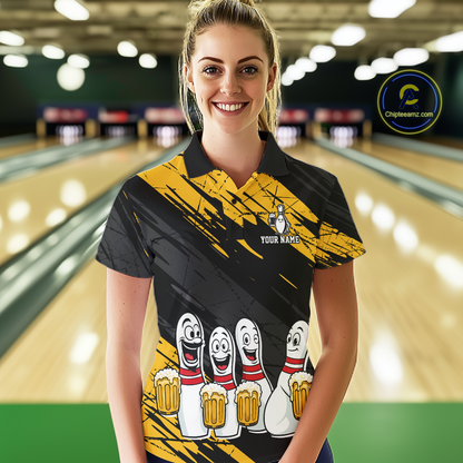 Custom Yellow Funny Bowling Tournament Jersey for Women Bowling Team Shirts Polo & 1/4 Zip HNT178