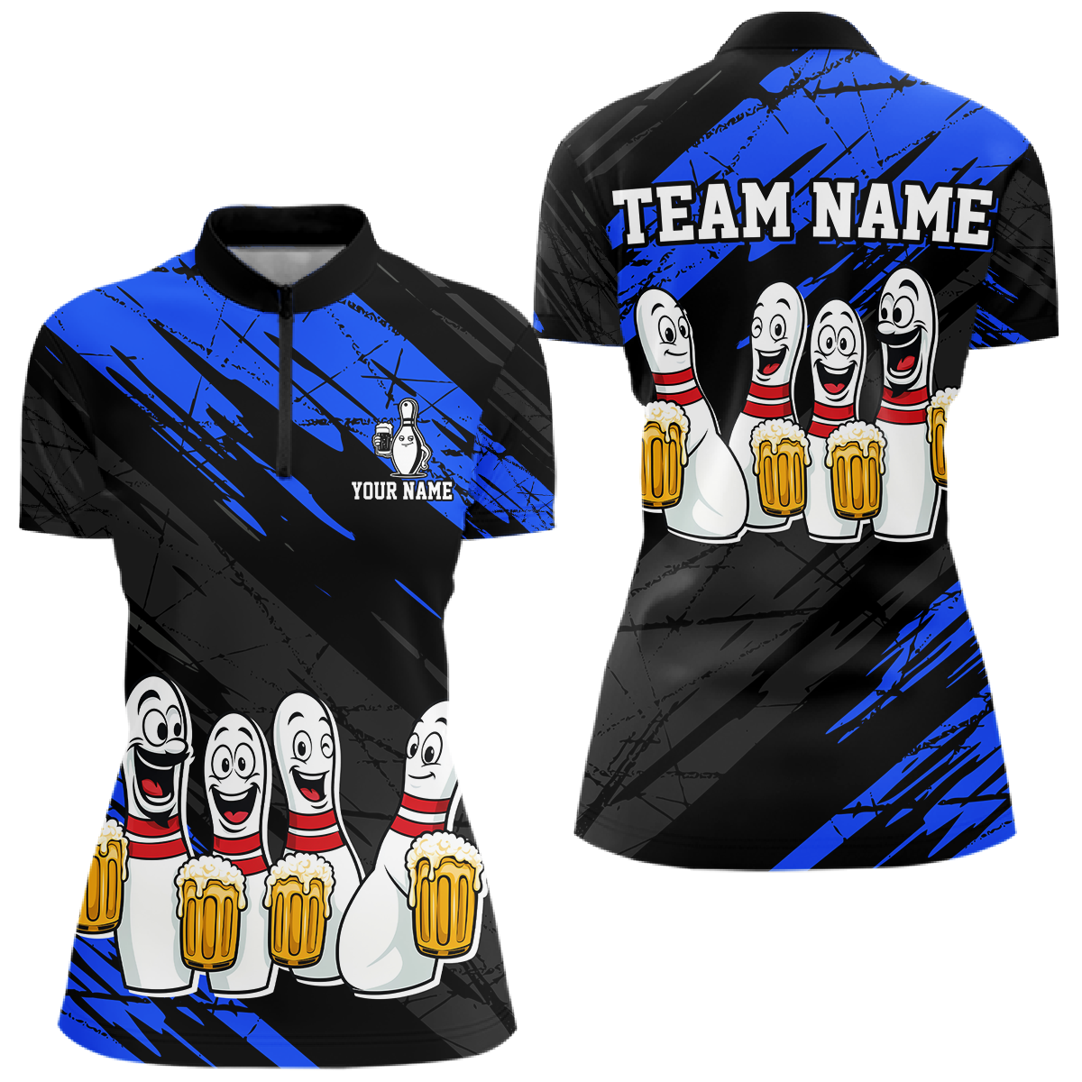 Custom Blue Funny Bowling Tournament Jersey for Women Bowling Team Shirts Polo & 1/4 Zip HNT178