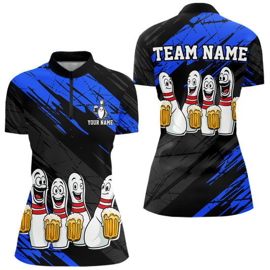 Custom Blue Funny Bowling Tournament Jersey for Women Bowling Team Shirts Polo & 1/4 Zip HNT178