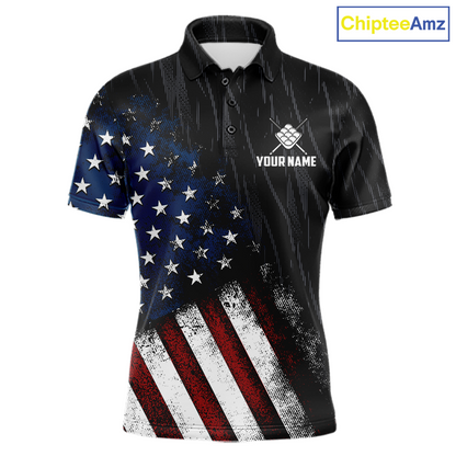 Front views of a black short-sleeve polo shirt with a distressed American flag print on the left side, featuring a bald eagle and pool balls graphic on the back, with customizable text placeholders 'YOUR NAME' and 'TEAM NAME'.