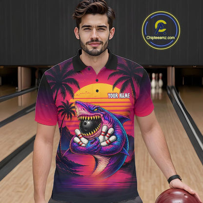 Custom Funny Neon Shark Sunset Bowling Jersey for Men Bowling Team Shirts Polo & 1/4 Zip HNT513