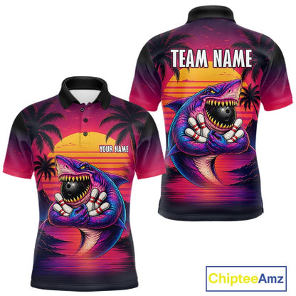 Custom Funny Neon Shark Sunset Bowling Jersey for Men Bowling Team Shirts Polo & 1/4 Zip HNT513