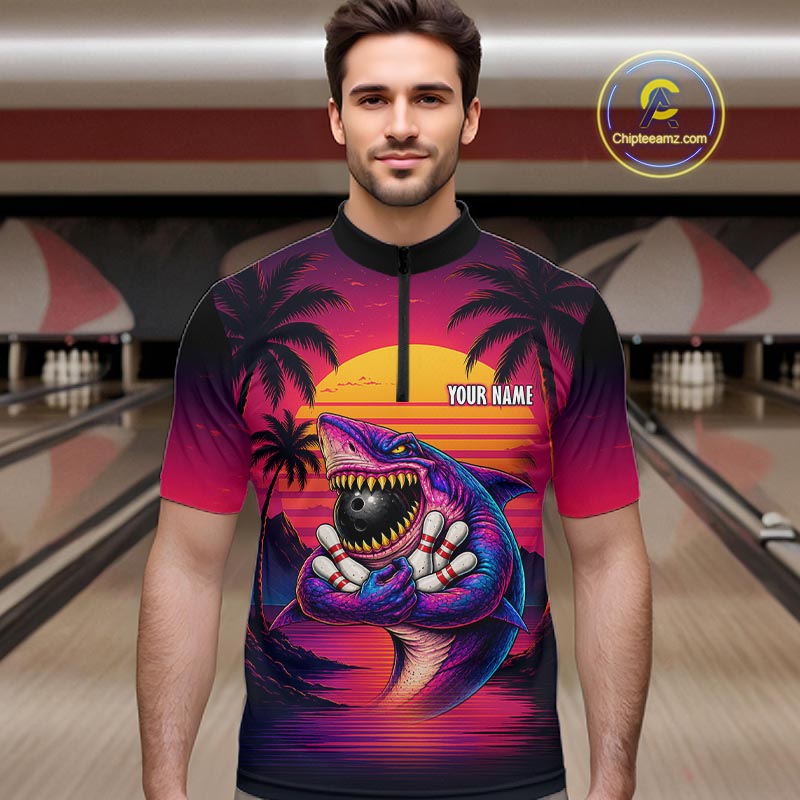Custom Funny Neon Shark Sunset Bowling Jersey for Men Bowling Team Shirts Polo & 1/4 Zip HNT513