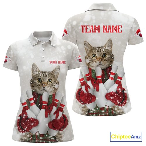 Custom Funny Cat Christmas Bowling Jersey for Women Polo & 1/4 Zip Bowling Team Shirts HNT145