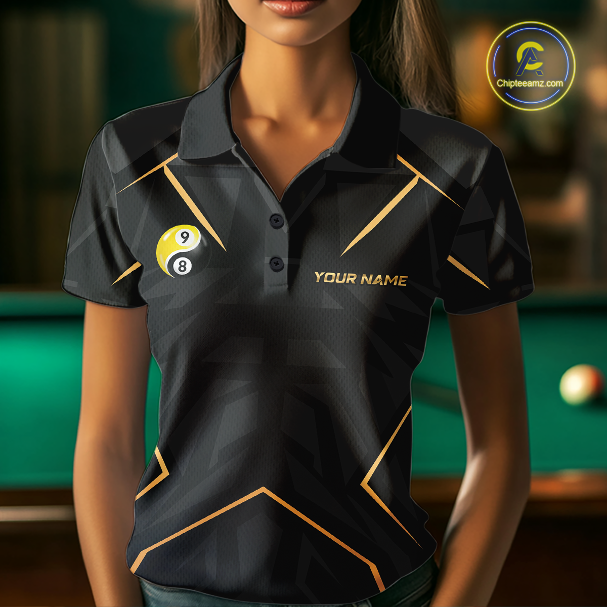 Custom Black Gold 8 Ball 9 Ball Yin Yang Pool Shirts Billiard Shirt for Women Billiard Team Jersey NNT179