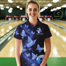 Load image into Gallery viewer, Custom Blue Galaxy Butterflies Bowling Shirt for Women Butterfly Bowling Team Jersey Bowling League HNT277