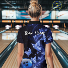 Load image into Gallery viewer, Custom Blue Galaxy Butterflies Bowling Shirt for Women Butterfly Bowling Team Jersey Bowling League HNT277