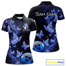 Load image into Gallery viewer, Custom Blue Galaxy Butterflies Bowling Shirt for Women Butterfly Bowling Team Jersey Bowling League HNT277