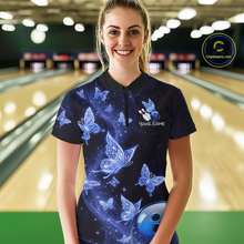 Load image into Gallery viewer, Custom Blue Galaxy Butterflies Bowling Shirt for Women Butterfly Bowling Team Jersey Bowling League HNT277