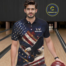Load image into Gallery viewer, Men’s us flag eagle bowling polo shirt, front view on male model in bowling lane 