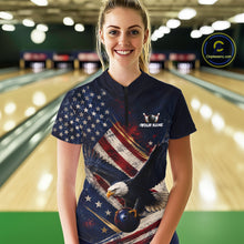 Load image into Gallery viewer, Women’s us flag eagle bowling quarter zip shirt, front view on female model in bowling lane 