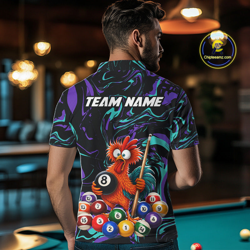 Custom Teal Purple Chicken 8 Ball Billiard Shirt for Men Billiard Jerseys Team Billiard League NNT197