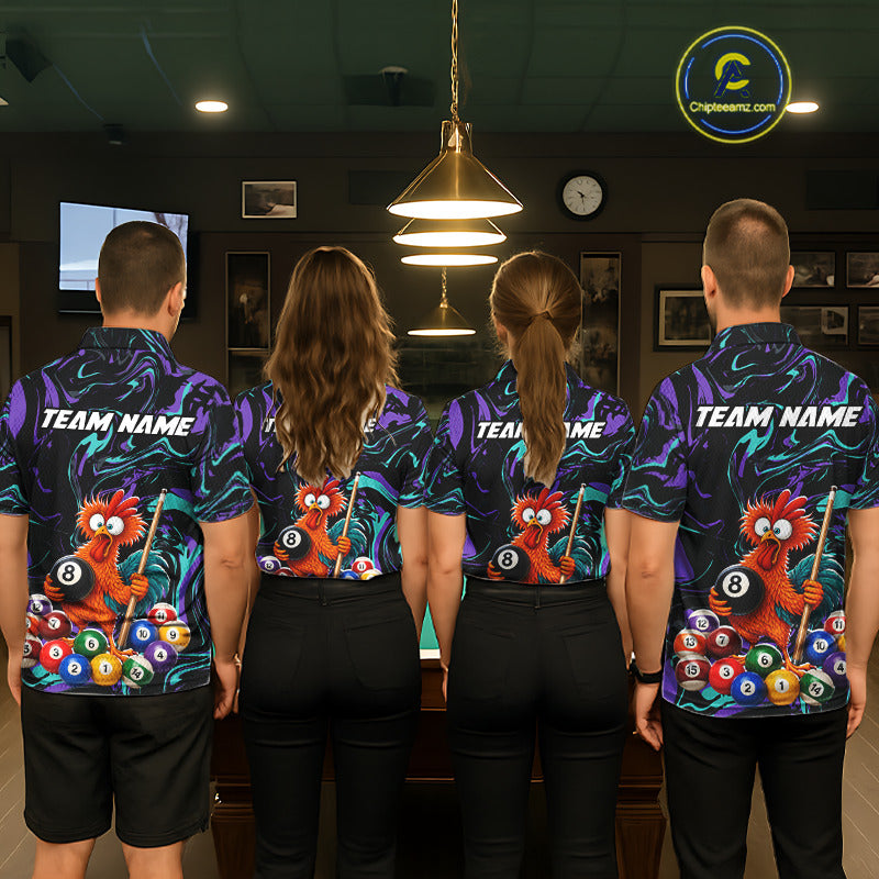 Custom Teal Purple Chicken 8 Ball Billiard Shirt for Men Billiard Jerseys Team Billiard League NNT197