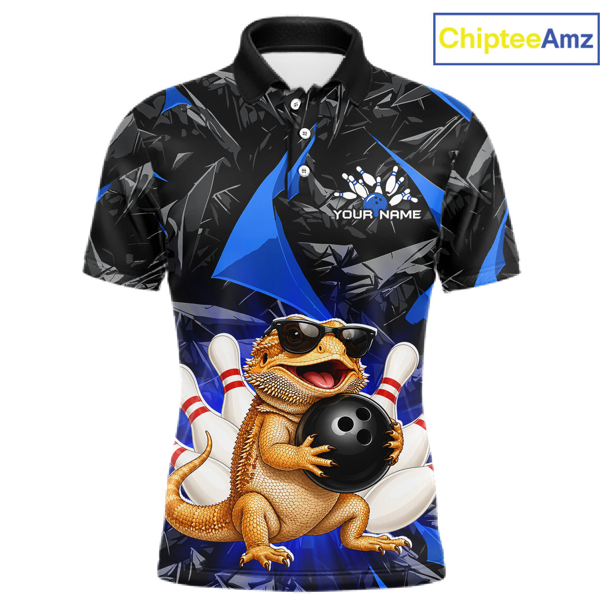 Custom blue bearded dragon bowling jersey for men, personalized team bowling polo shirt front view