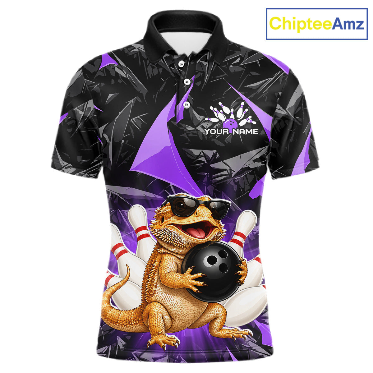 Custom purple bearded dragon bowling jersey for men, personalized team bowling polo shirt front view