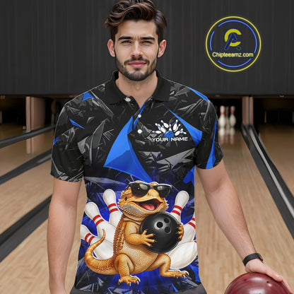 Men’s blue bearded dragon bowling polo shirt, front view on male model in bowling lane 