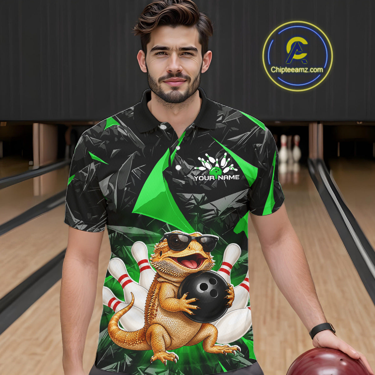Men’s green bearded dragon bowling polo shirt, front view on male model in bowling lane 