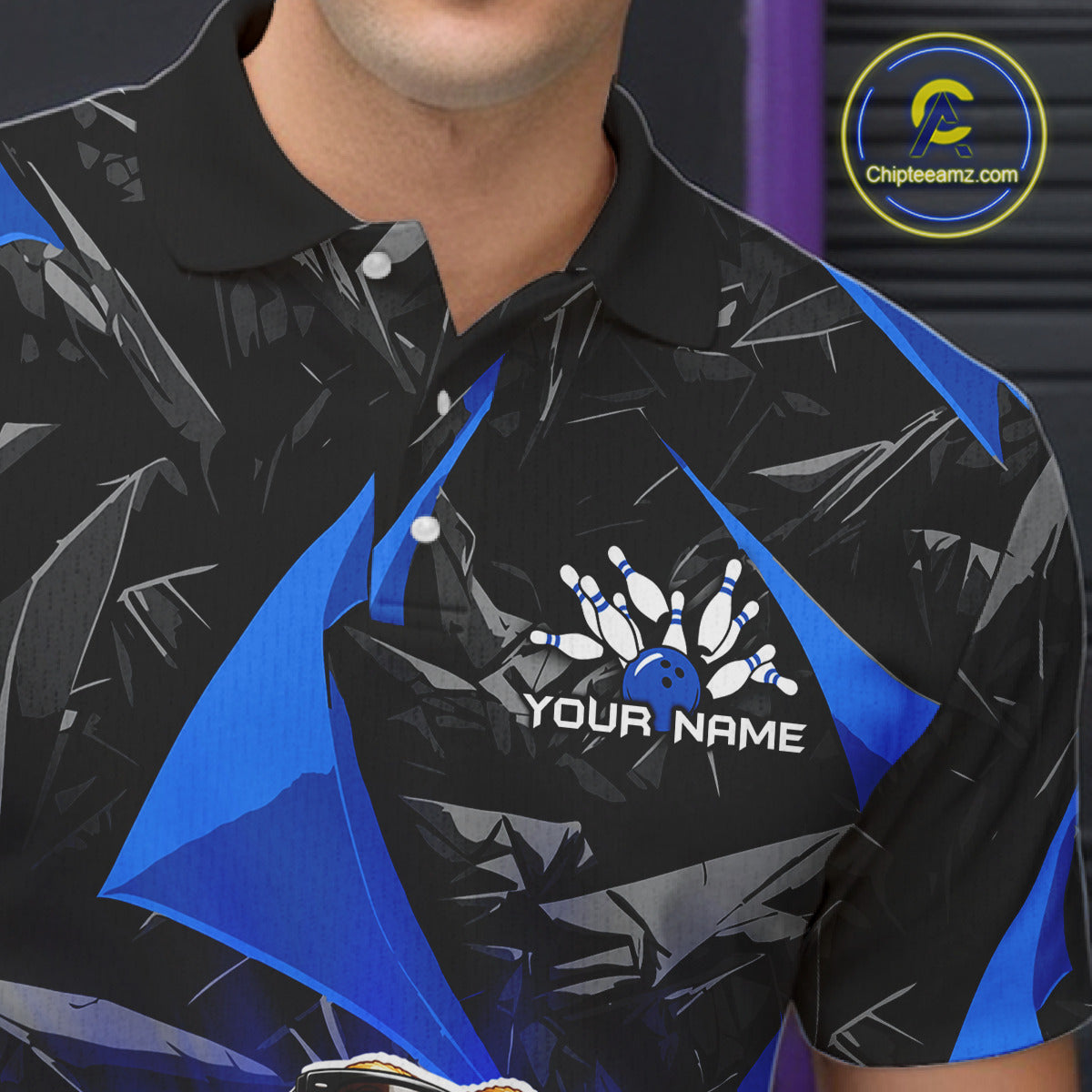 Men’s blue bearded dragon bowling polo shirt with custom name, angled front view showing custom team design 