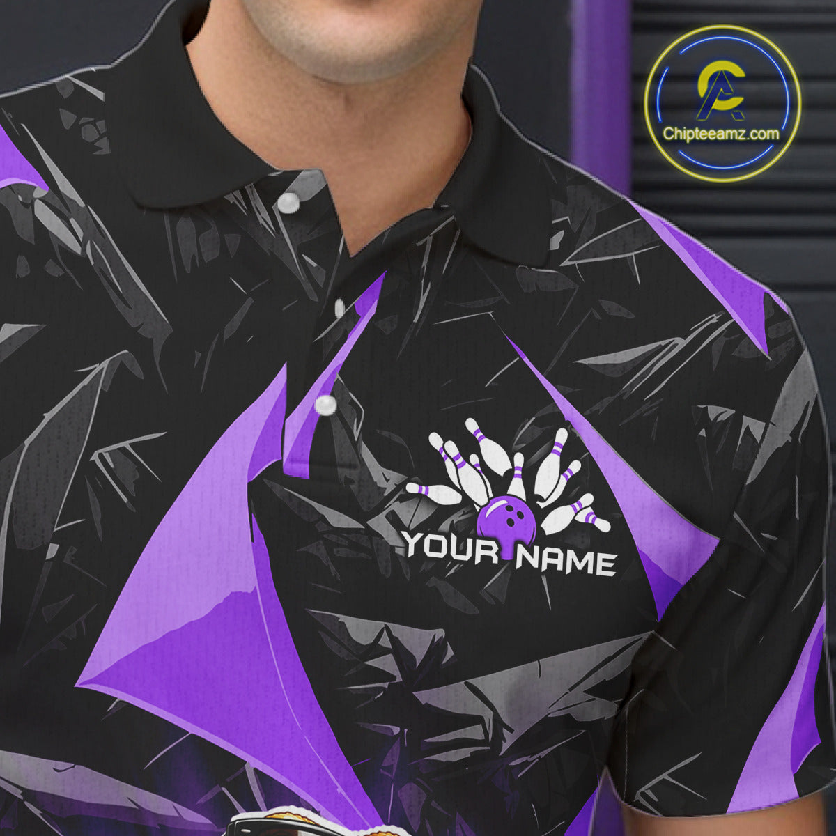 Men’s purple bearded dragon bowling polo shirt with custom name, angled front view showing custom team design 