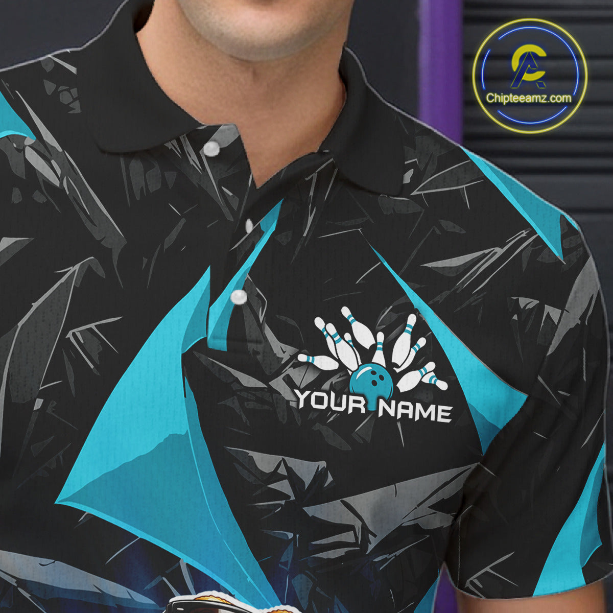 Men’s turquoise bearded dragon bowling polo shirt with custom name, angled front view showing custom team design 