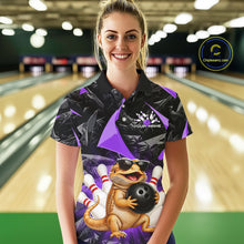 Load image into Gallery viewer, Women’s purple bearded dragon bowling polo shirt, front view on female model in bowling lane 