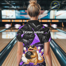 Load image into Gallery viewer, Women’s purple bearded dragon bowling quarter zip shirt, back view on female model in bowling lane 